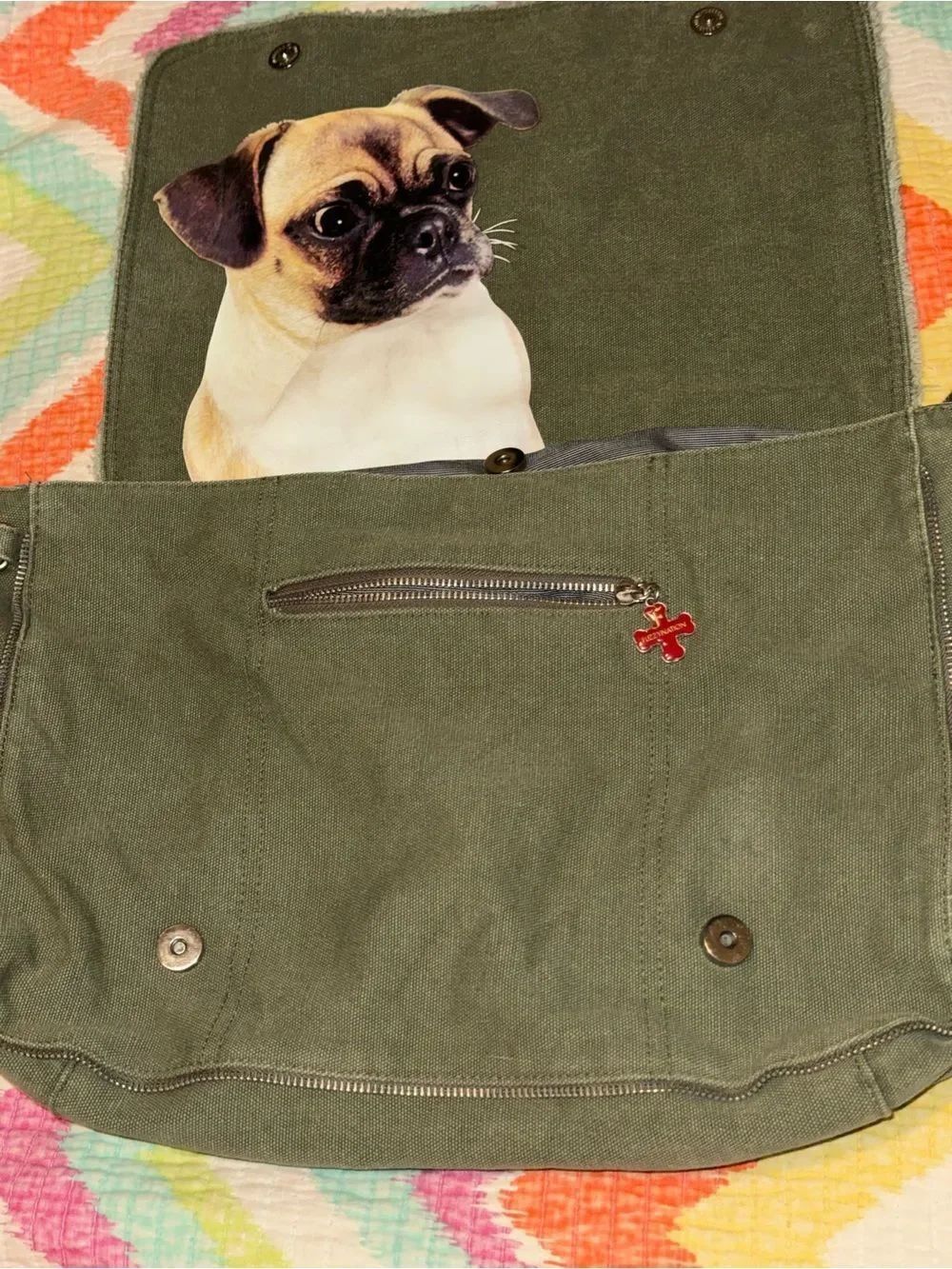 Fuzzynation Canvas Frenchie Messenger Bag Green Dog Crossbody commuter bag